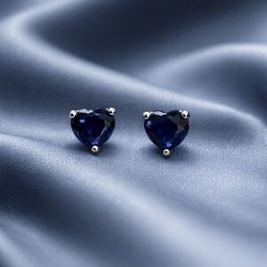Sterling Silver 925 Heart Sapphire Stud Earrings - Blue